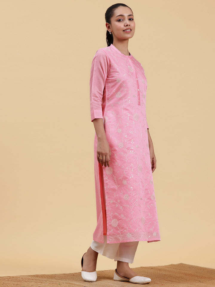 Pink Embroidered Chanderi Silk Straight Kurta