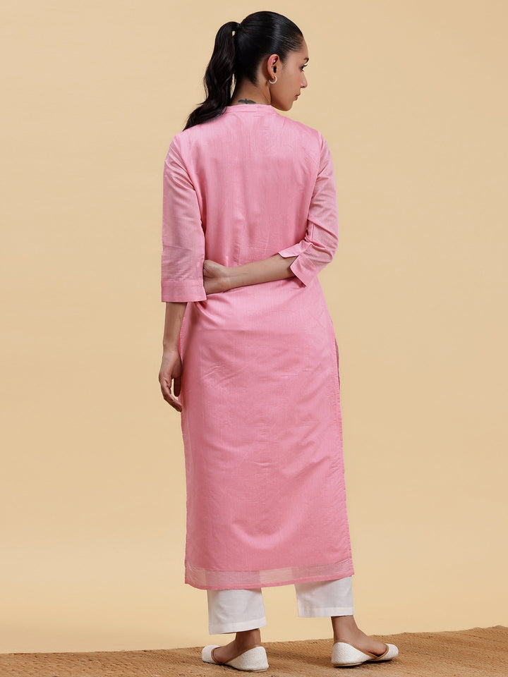 Pink Embroidered Chanderi Silk Straight Kurta