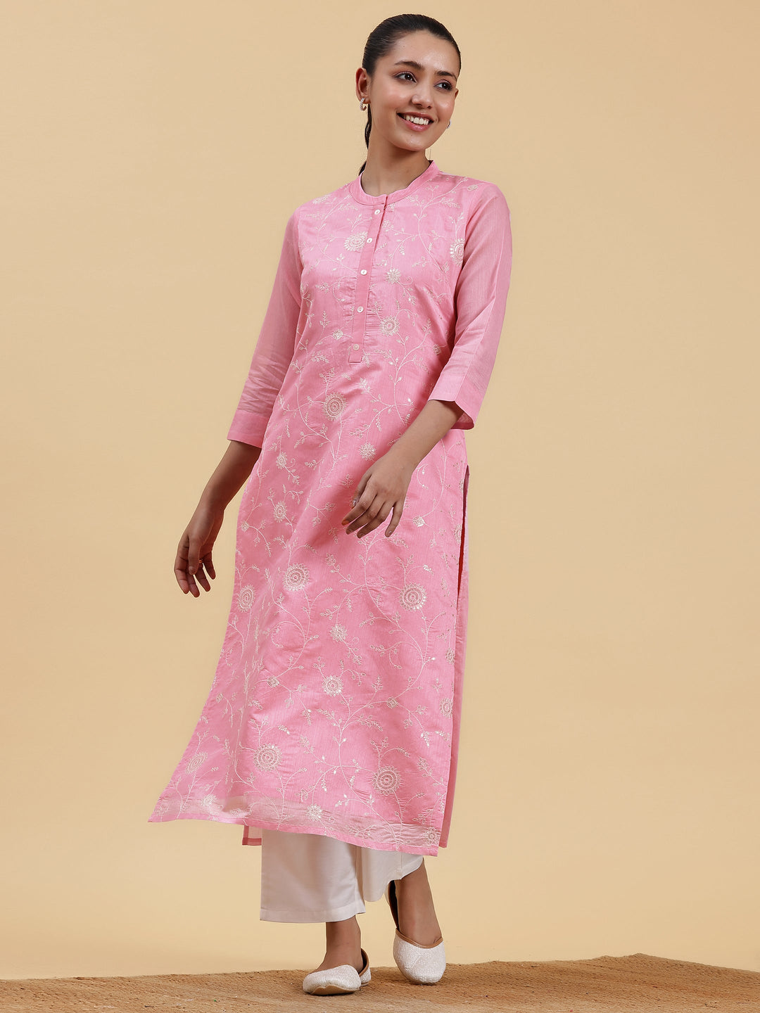 Pink Embroidered Chanderi Silk Straight Kurta