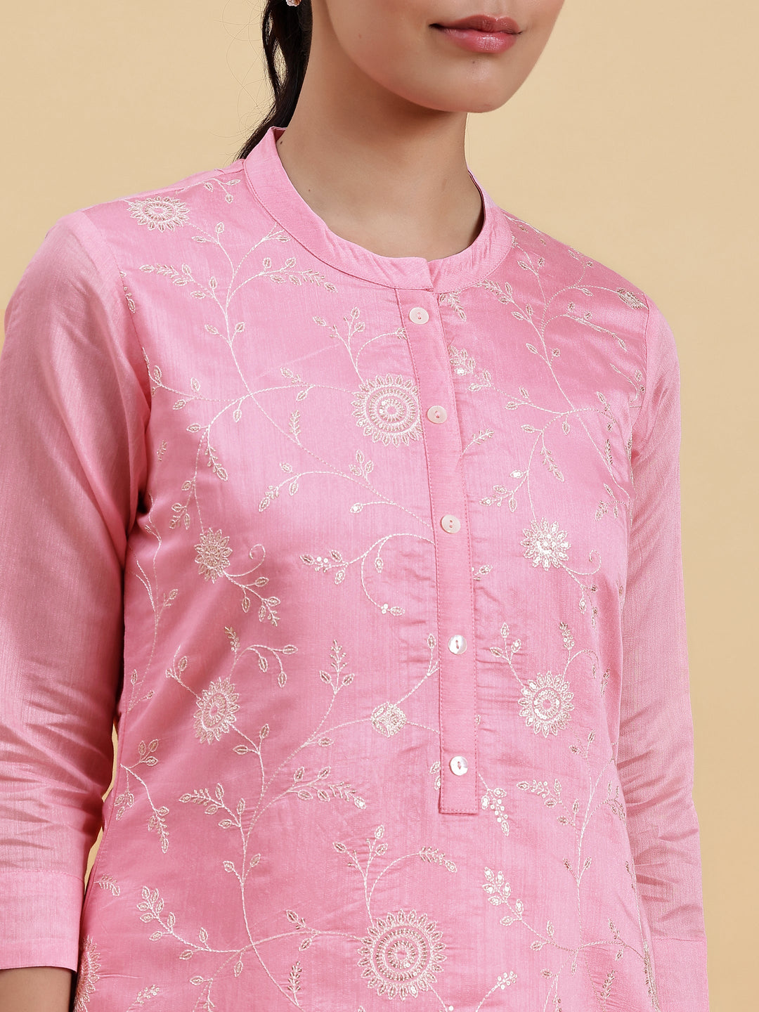 Pink Embroidered Chanderi Silk Straight Kurta