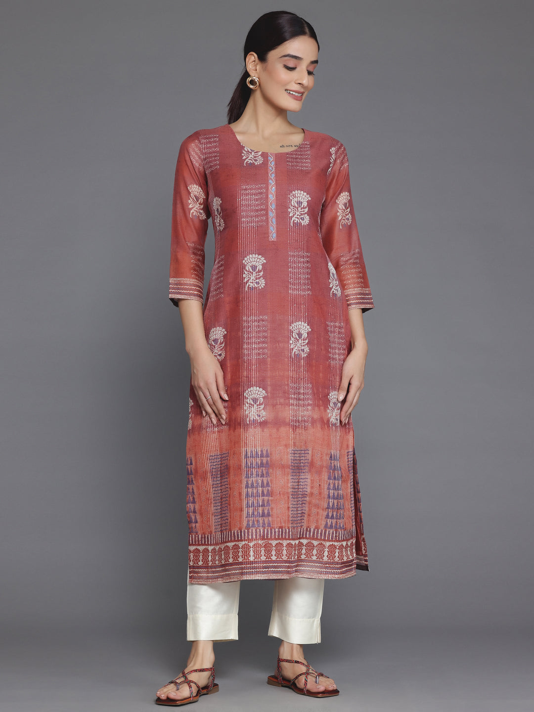 Rust Embellished Chanderi Silk Straight Kurta