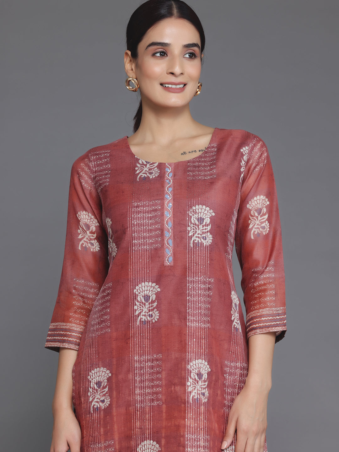 Rust Embellished Chanderi Silk Straight Kurta
