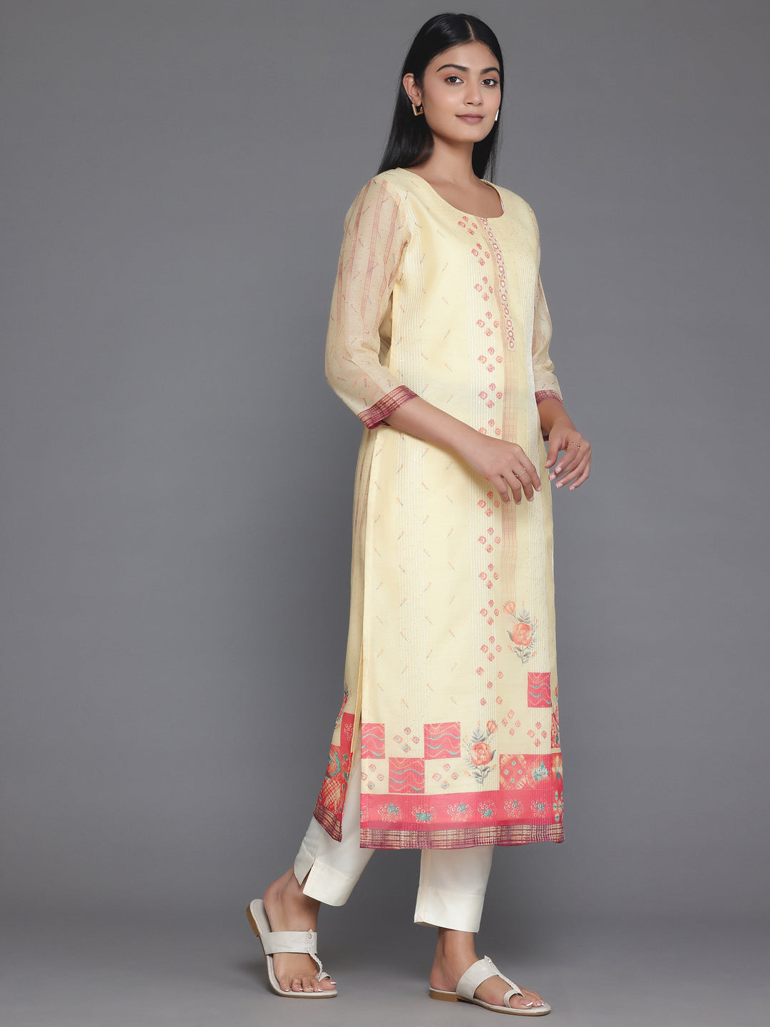 Yellow Embellished Chanderi Silk Straight Kurta