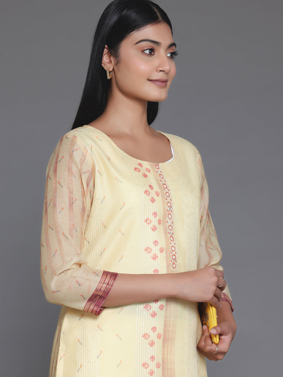 Yellow Embellished Chanderi Silk Straight Kurta
