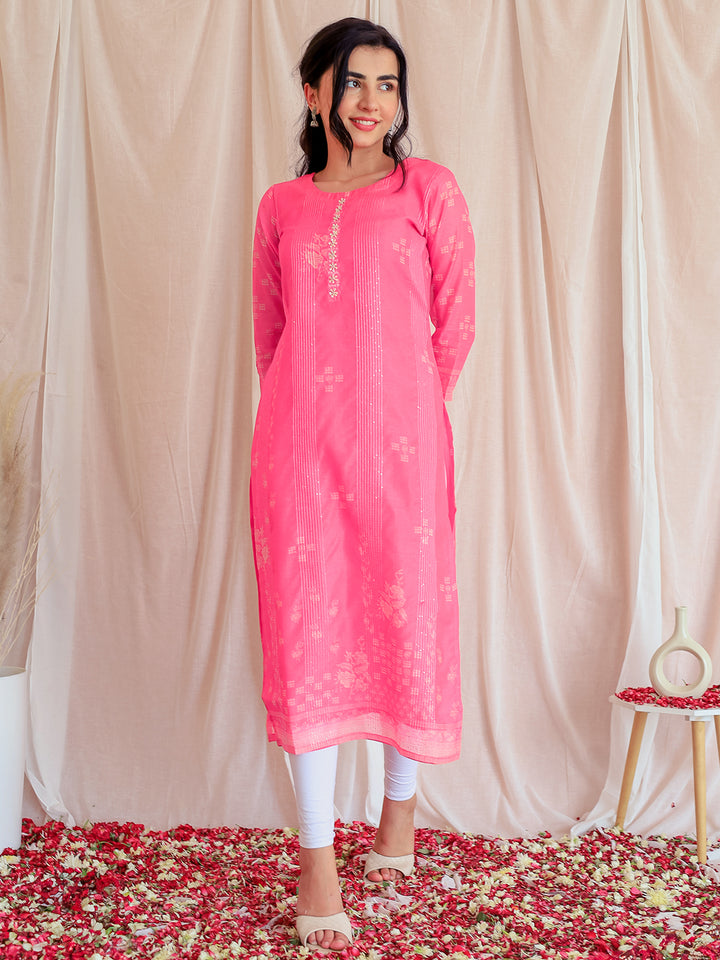 Pink Embellished Chanderi Silk Straight Kurta