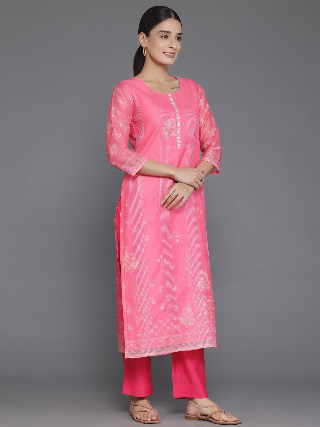 Pink Embellished Chanderi Silk Straight Kurta