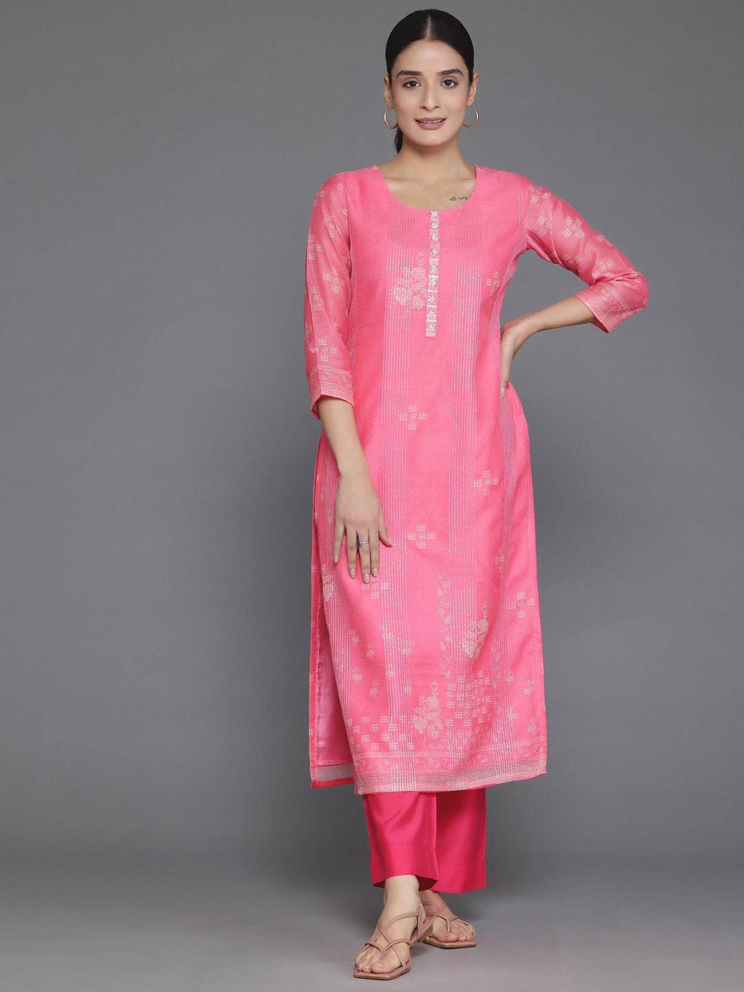 Pink Embellished Chanderi Silk Straight Kurta