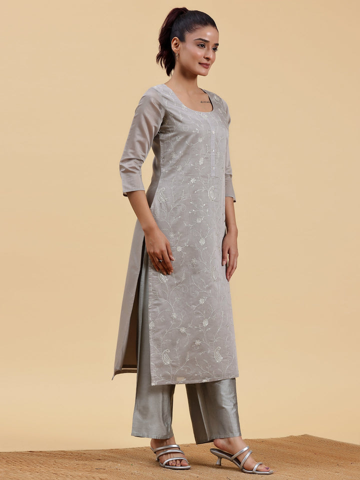 Grey Embroidered Chanderi Silk Straight Kurta