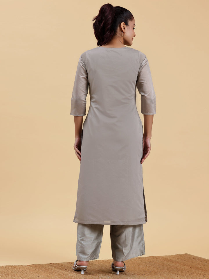 Grey Embroidered Chanderi Silk Straight Kurta
