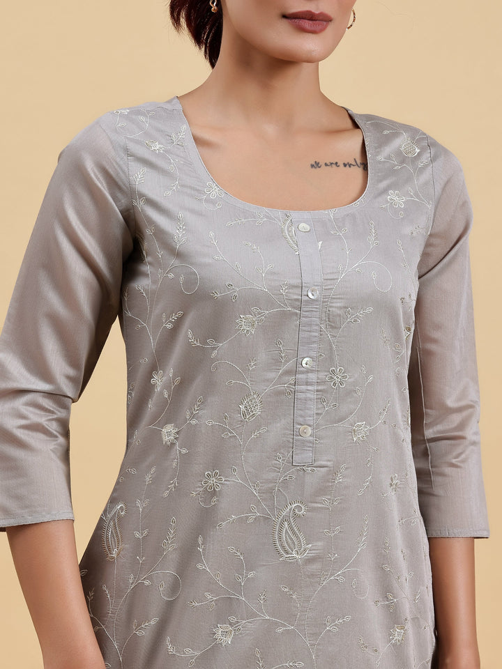 Grey Embroidered Chanderi Silk Straight Kurta