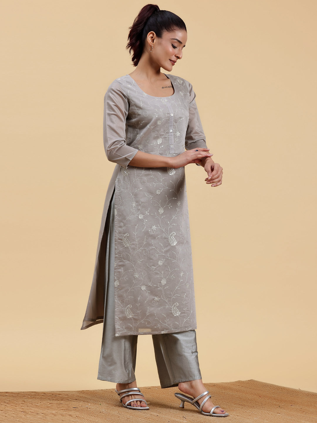 Grey Embroidered Chanderi Silk Straight Kurta