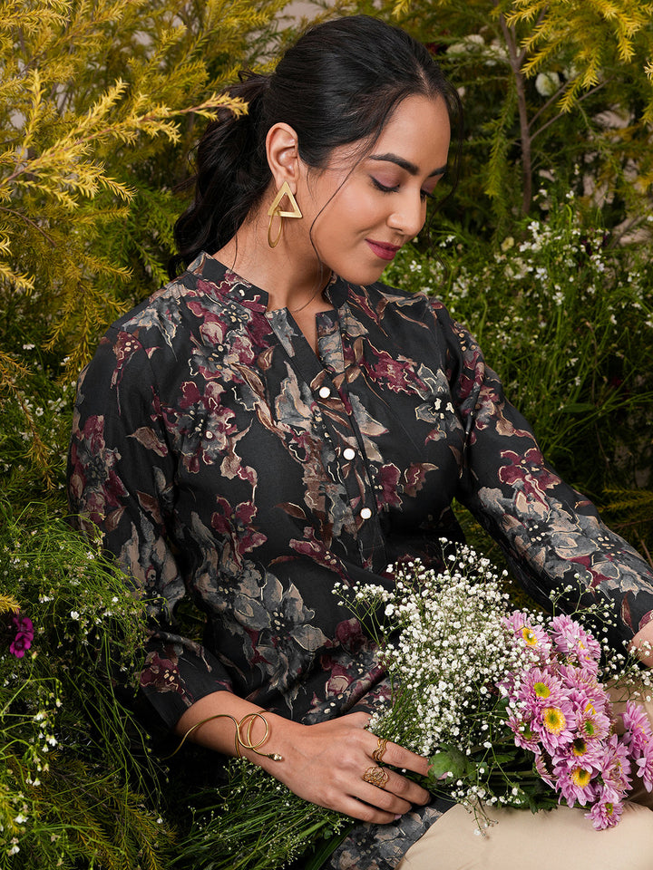 Black Printed Silk Blend A-Line Kurti