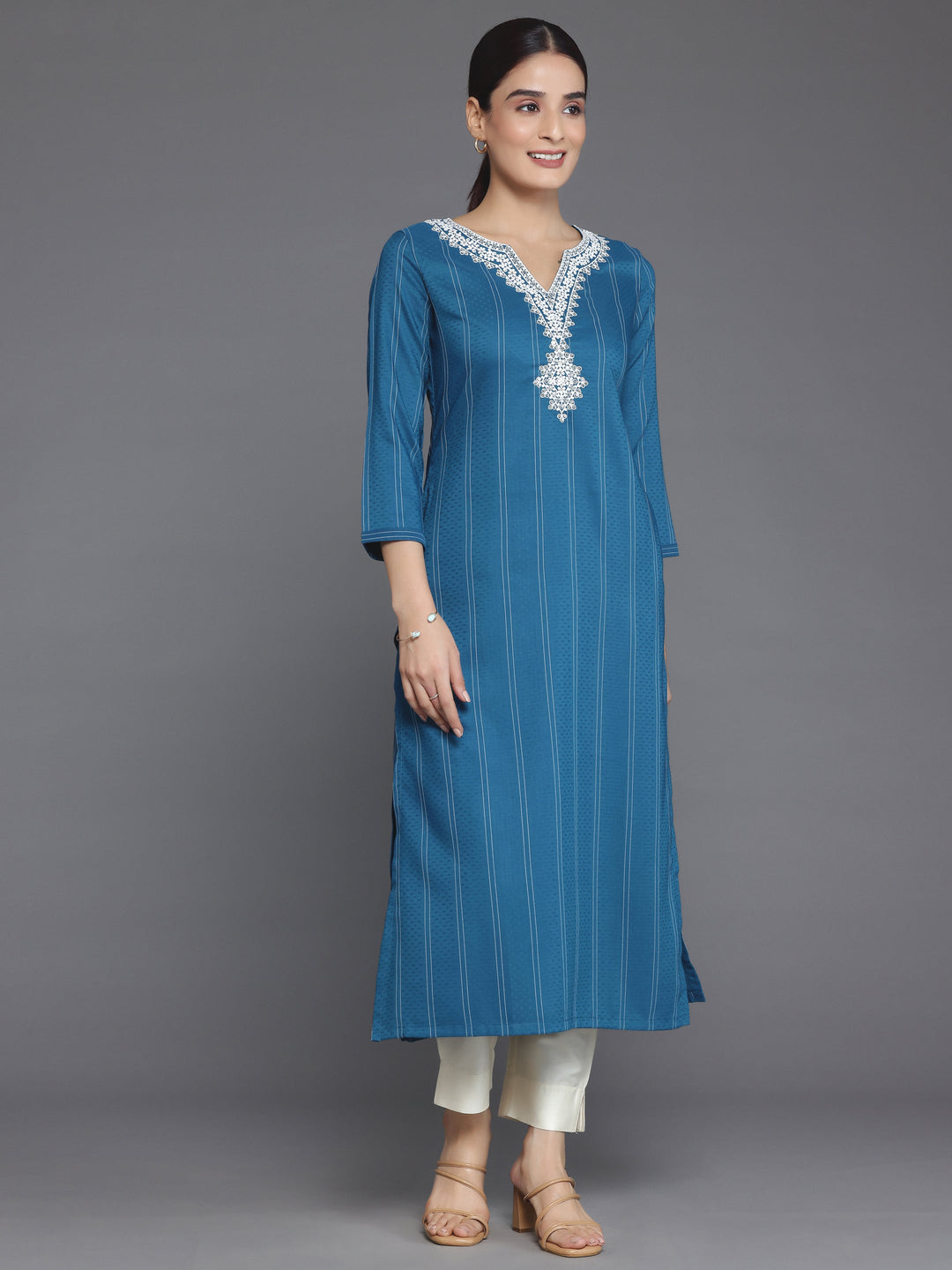 Teal Yoke Design Silk Straight Kurta