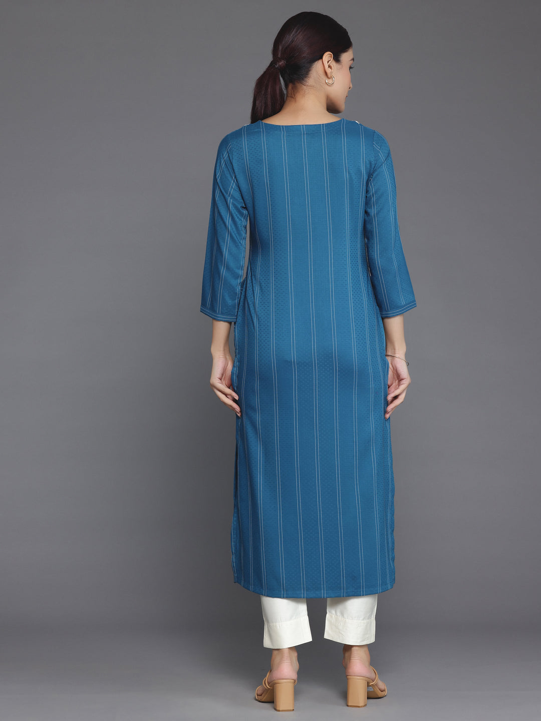 Teal Yoke Design Silk Straight Kurta