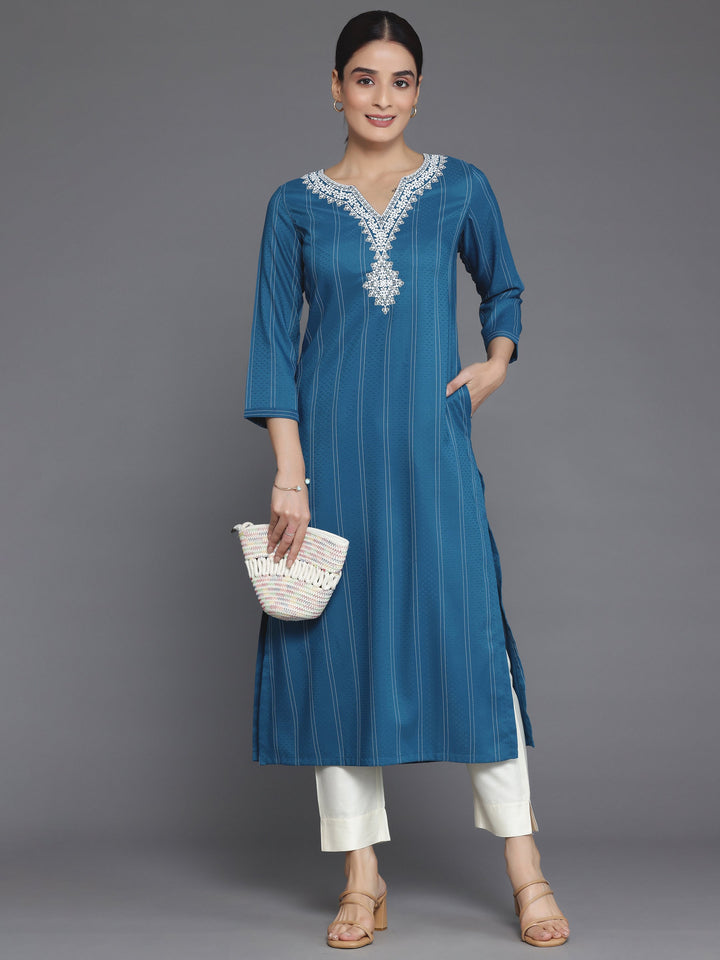 Teal Yoke Design Silk Straight Kurta