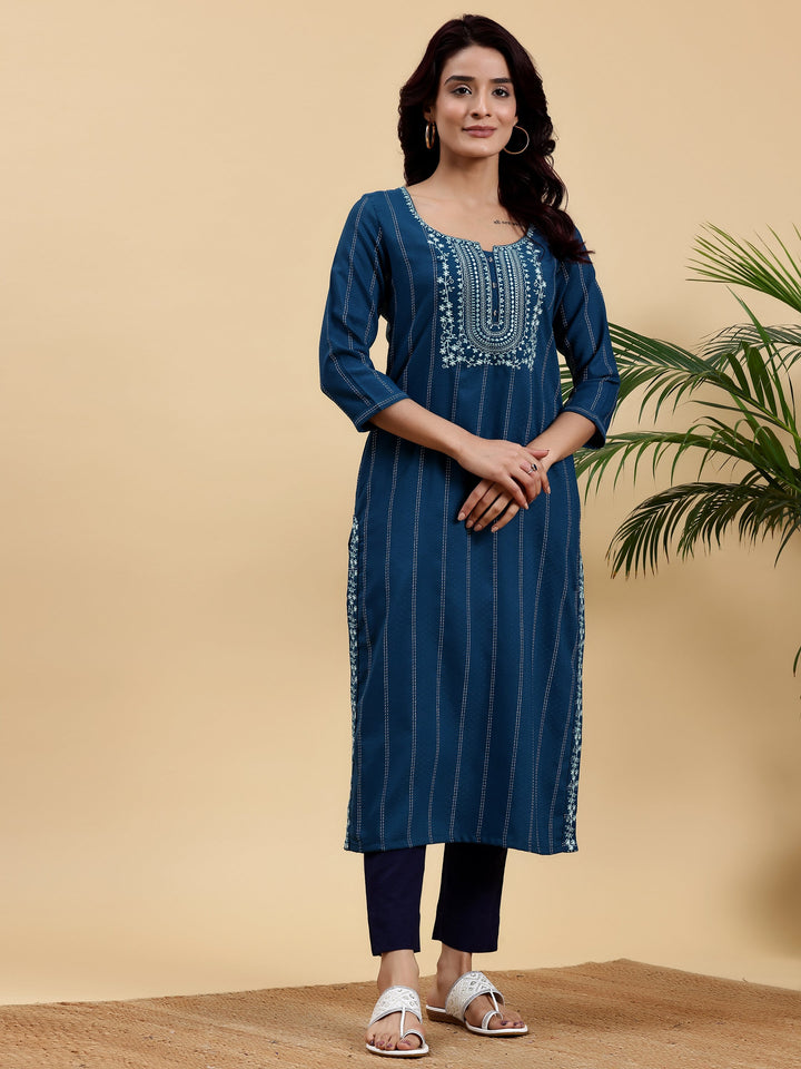 Teal Blue Yoke Design Silk Straight Kurta