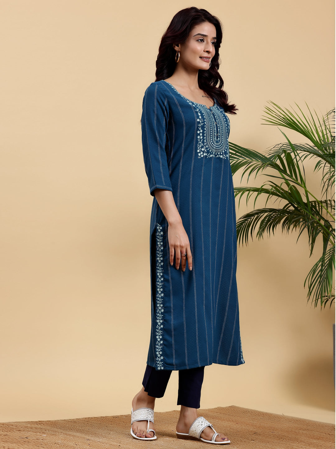 Teal Blue Yoke Design Silk Straight Kurta