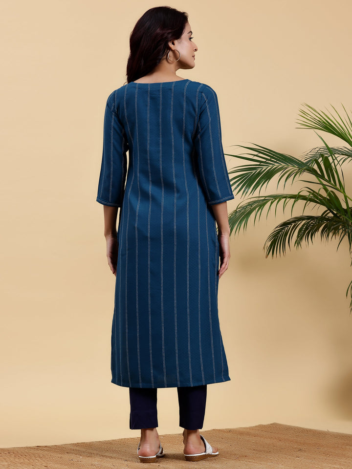 Teal Blue Yoke Design Silk Straight Kurta