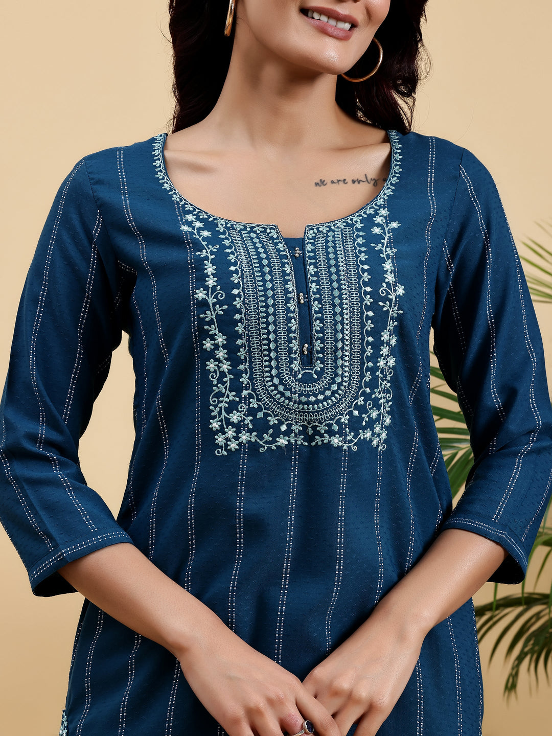 Teal Blue Yoke Design Silk Straight Kurta