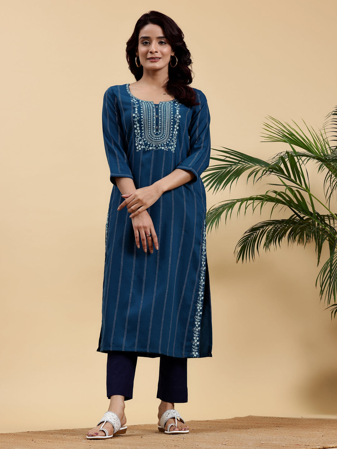 Teal Blue Yoke Design Silk Straight Kurta