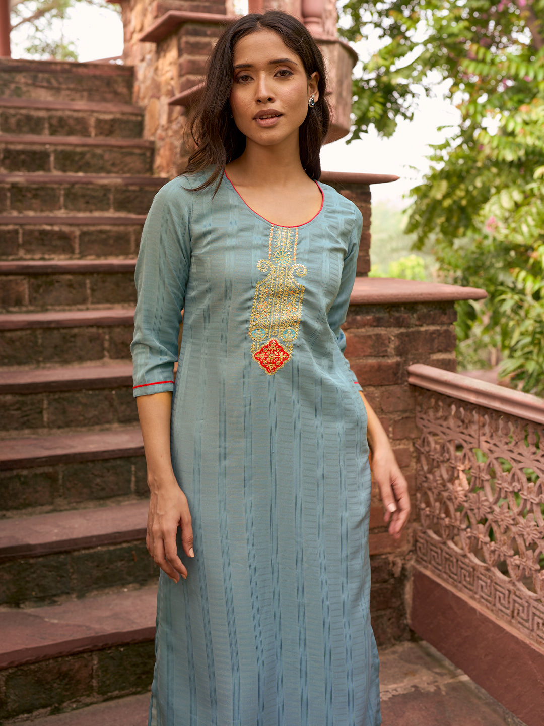 Blue Yoke Design Silk Straight Kurta - Main Image