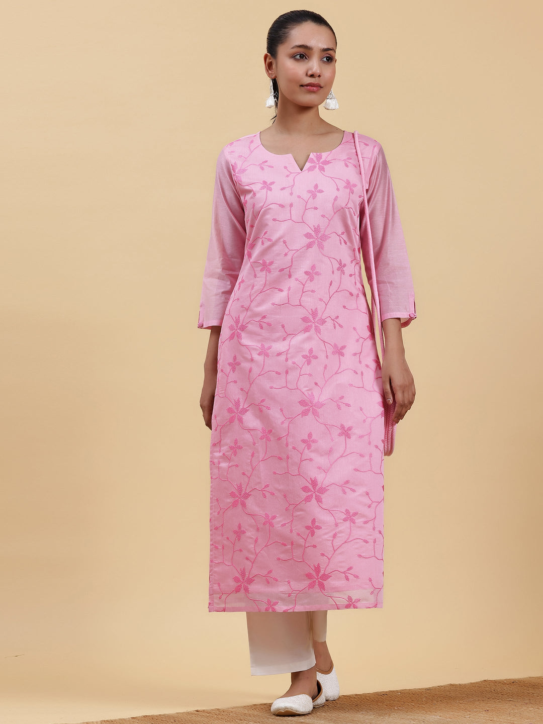 Pink Embroidered Silk Straight Kurta