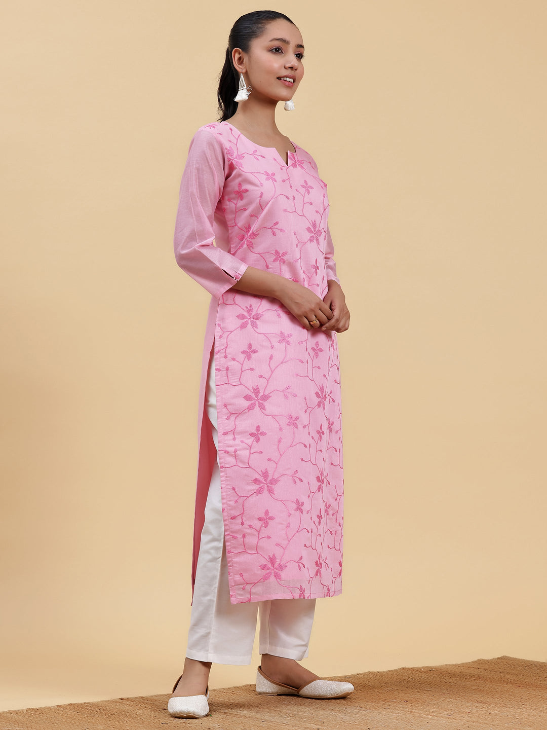 Pink Embroidered Silk Straight Kurta