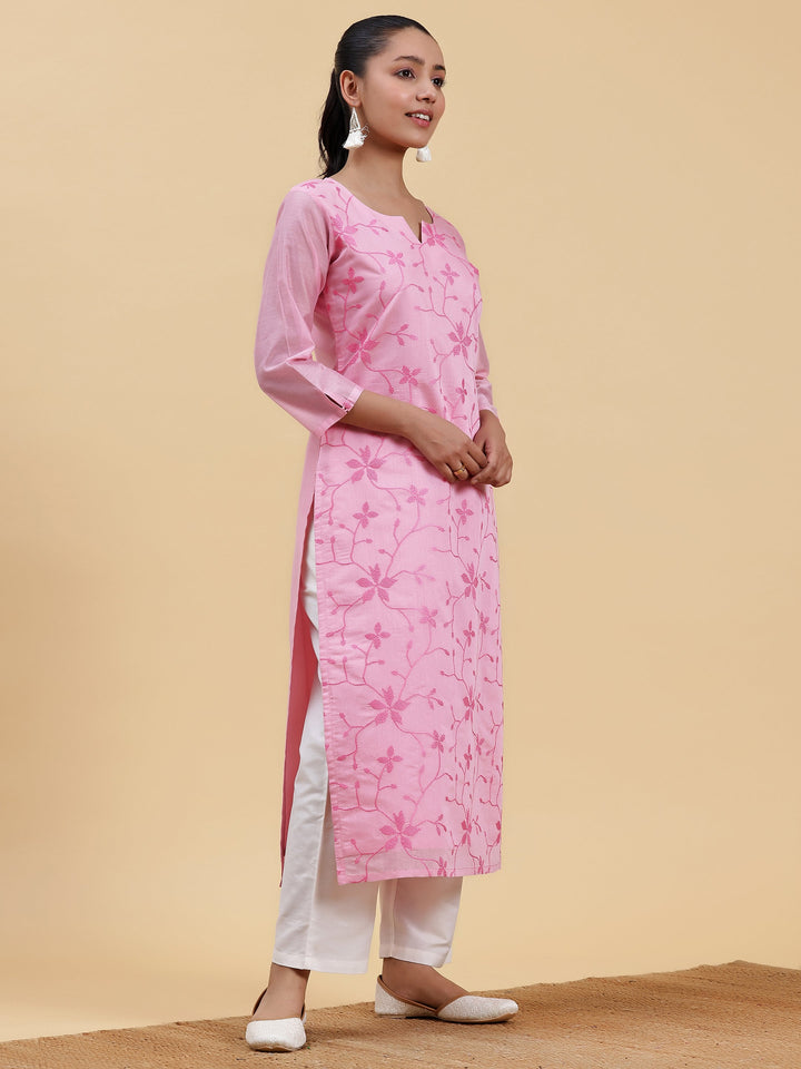 Pink Embroidered Silk Straight Kurta