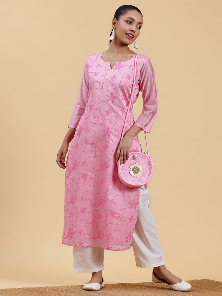 Pink Embroidered Silk Straight Kurta