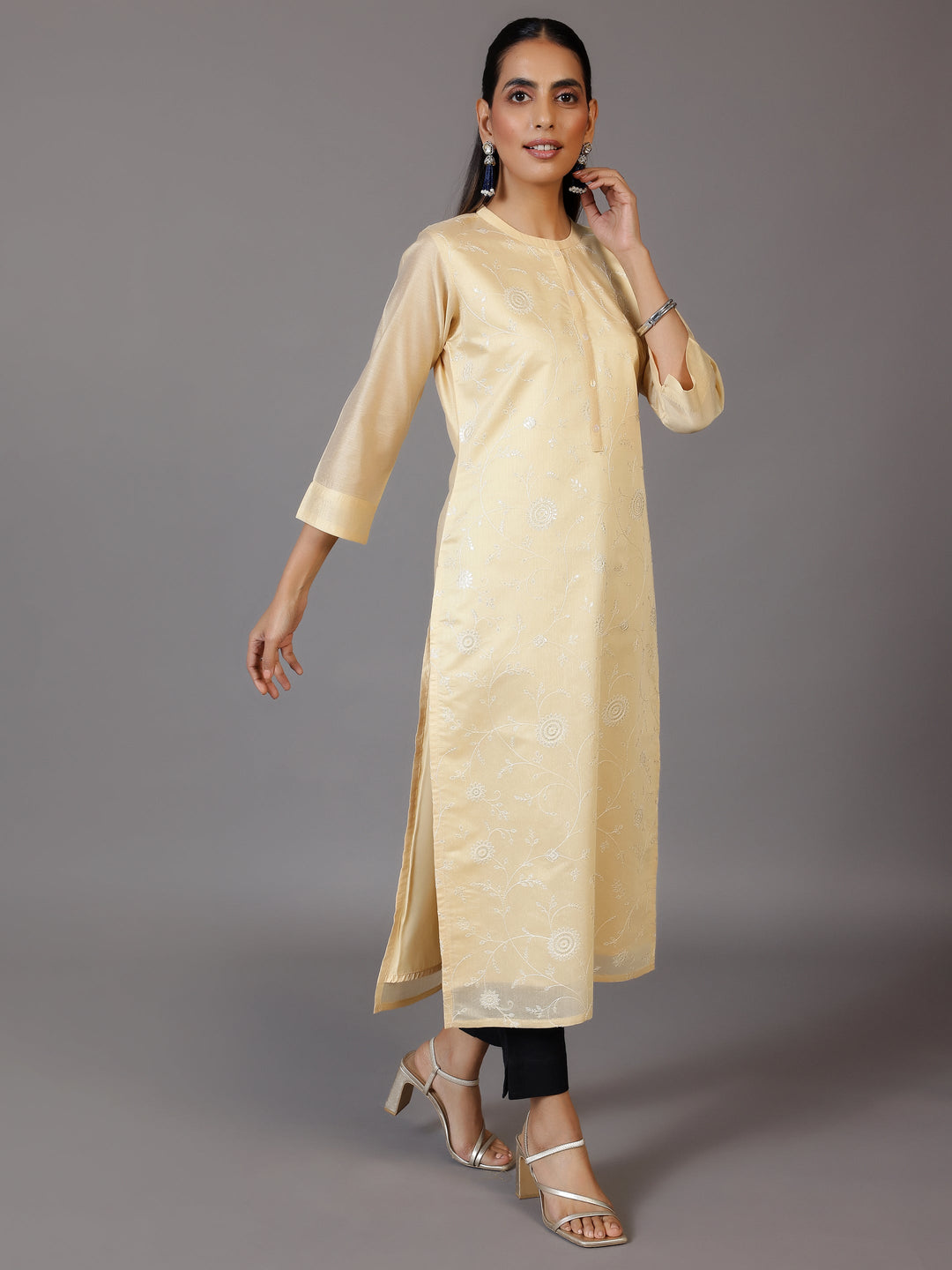 Gold Embroidered Silk Straight Kurta