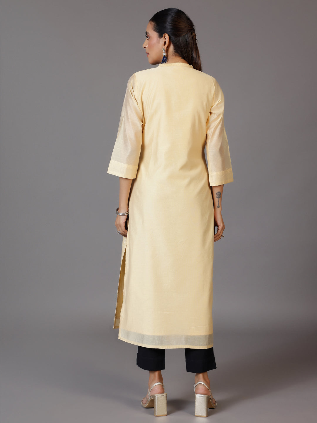 Gold Embroidered Silk Straight Kurta
