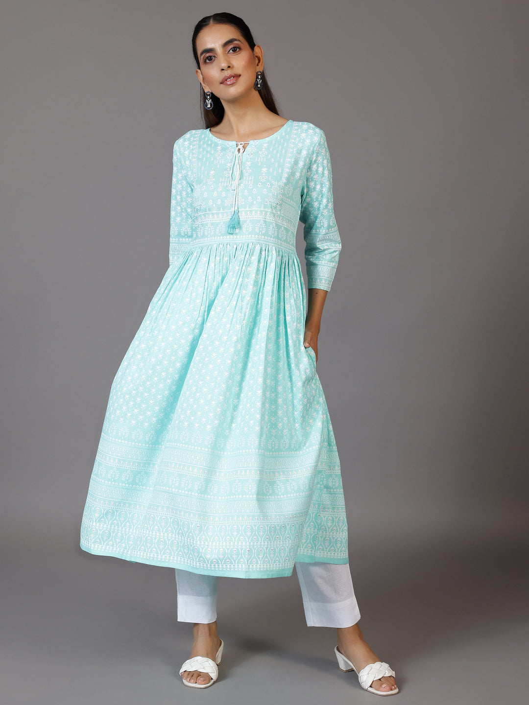 Blue Printed Cotton Fit and Flare Dress