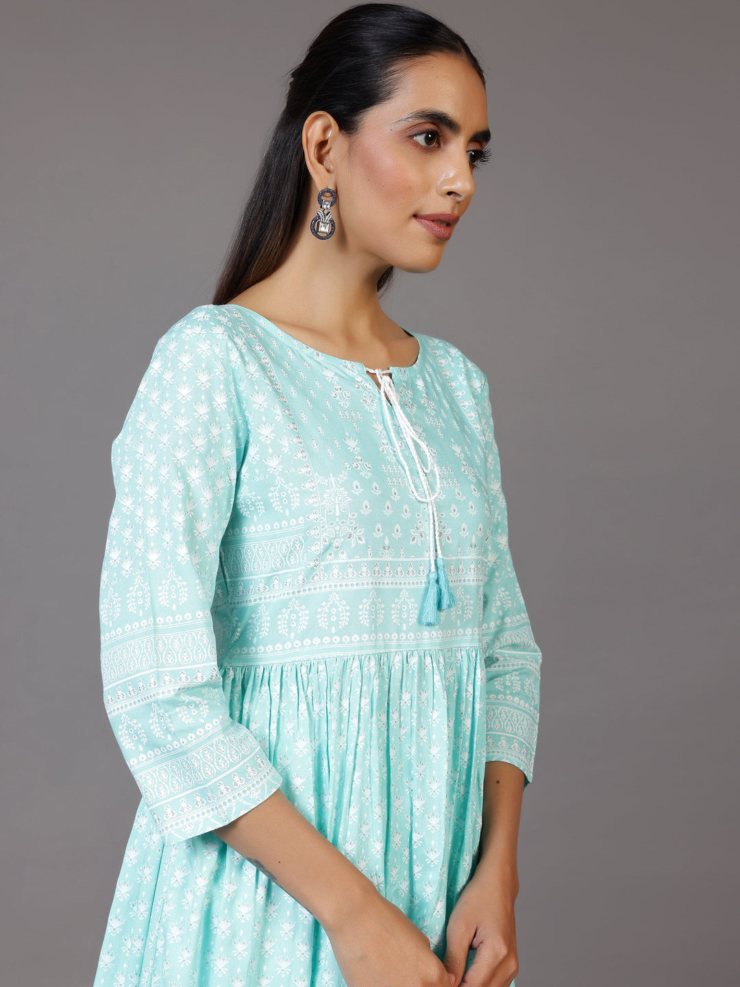 Blue Printed Cotton Fit and Flare Dress