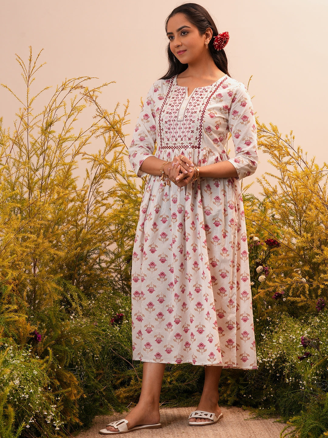 White Printed Cotton Fit and Flare Dress