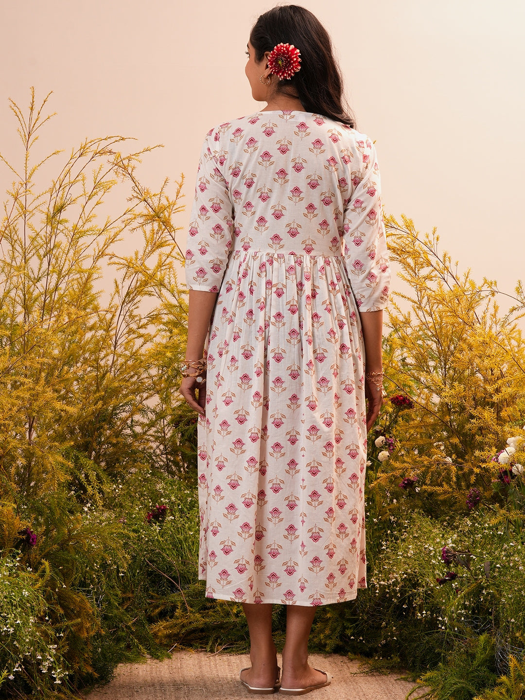 White Printed Cotton Fit and Flare Dress