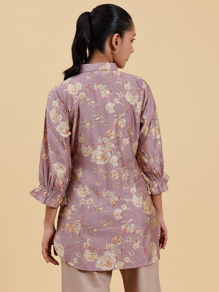 Mauve Printed Silk Blend Straight Kurti