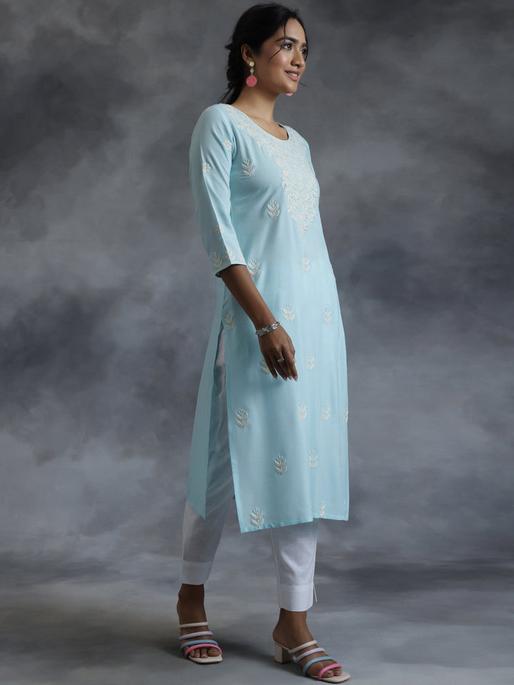 Blue Embroidered Rayon Straight Kurta