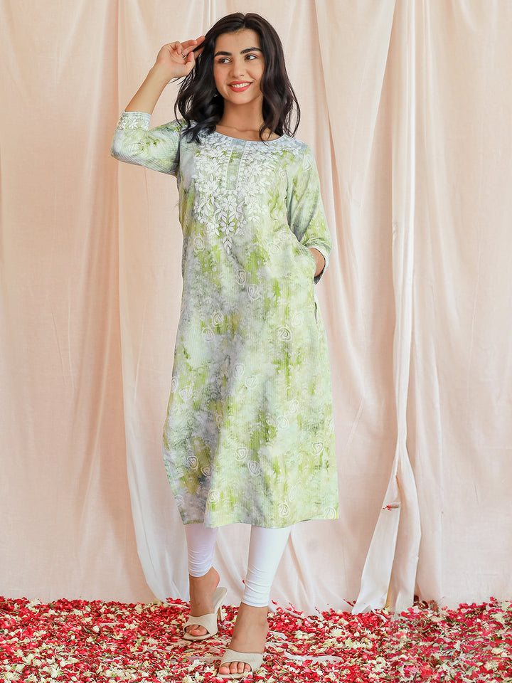 Green Printed Cotton Straight Kurta