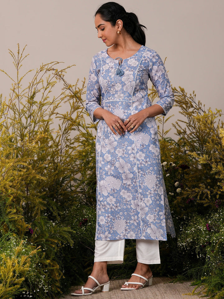 Blue Printed Cotton Straight Kurta