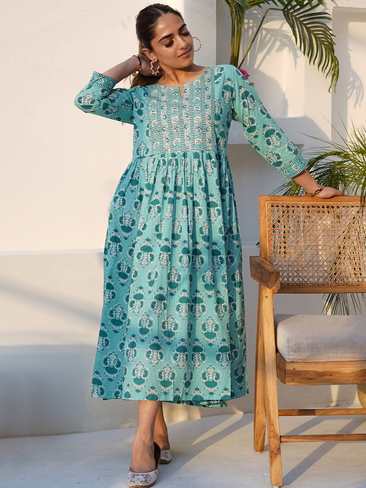 Sea Green Printed Cotton Fit and Flare Dress