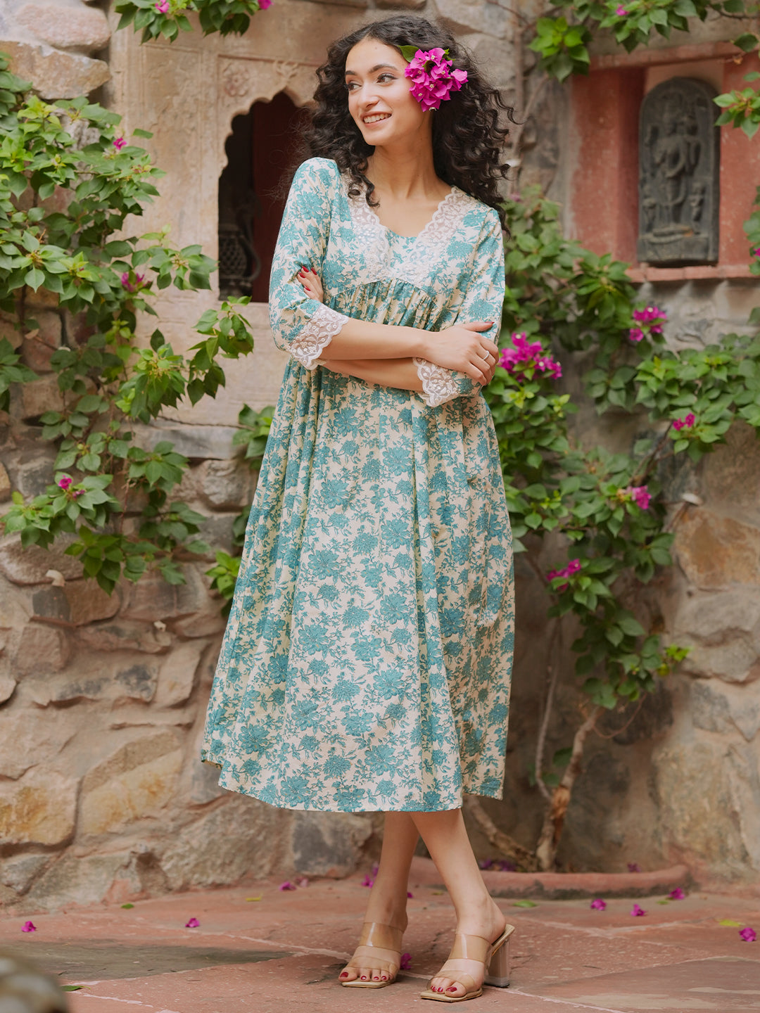 Buy Beige Printed Cotton A-Line Dress Online in USA at $20.00