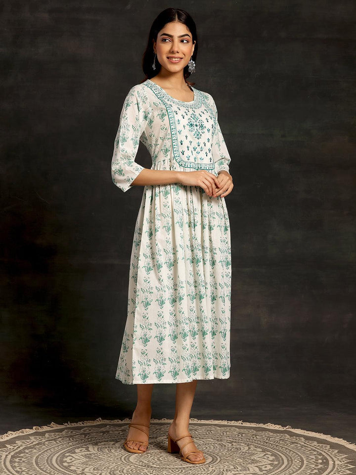 White Printed Cotton A-Line Dress