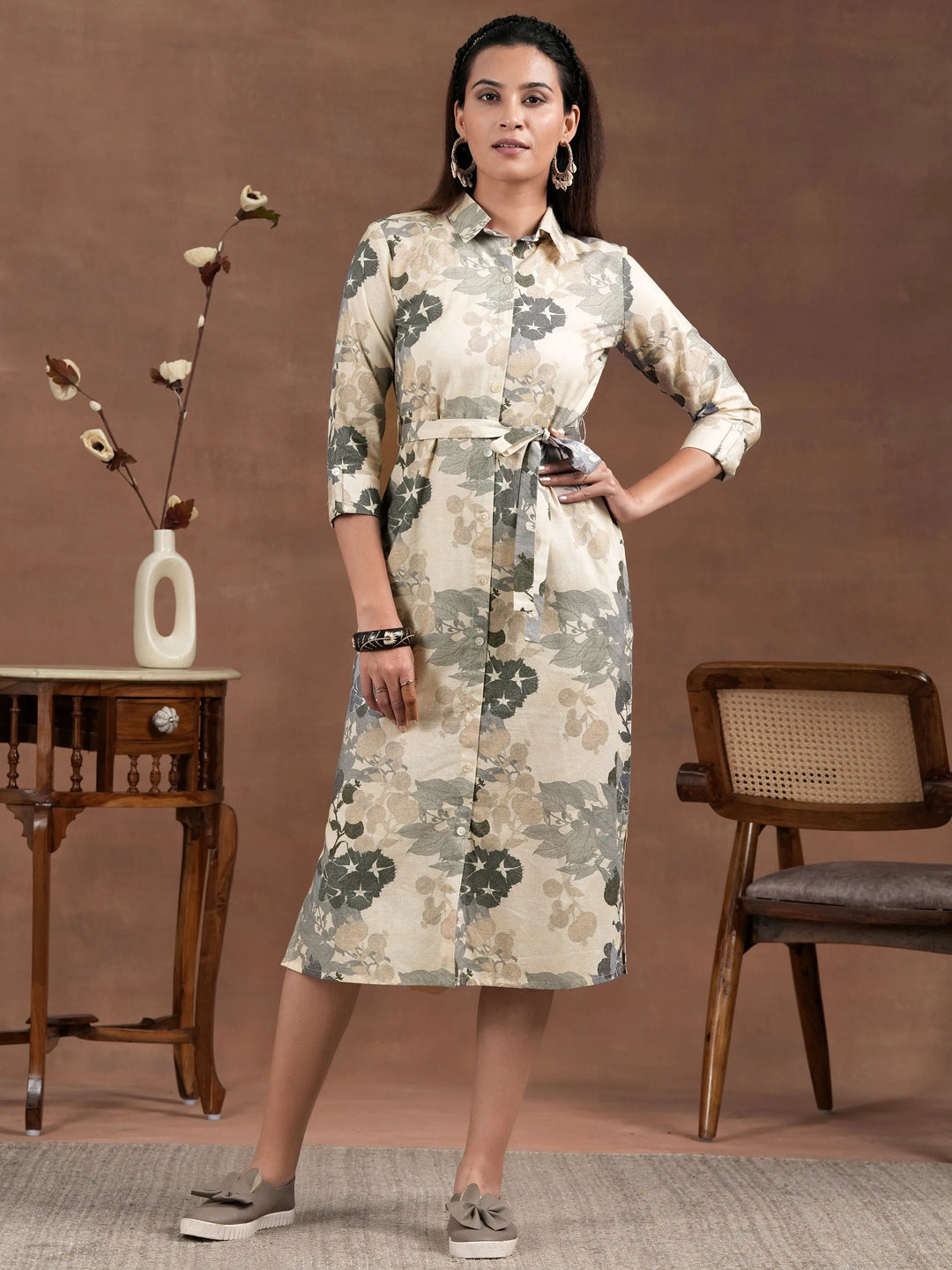 Off White Printed Cotton Blend Shirt Dress With Belt