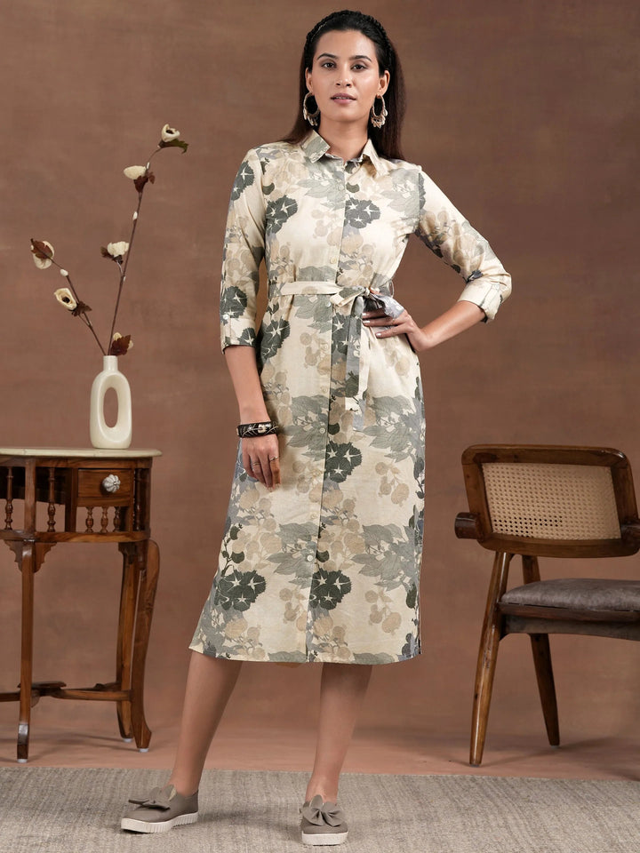 Off White Printed Cotton Blend Shirt Dress With Belt