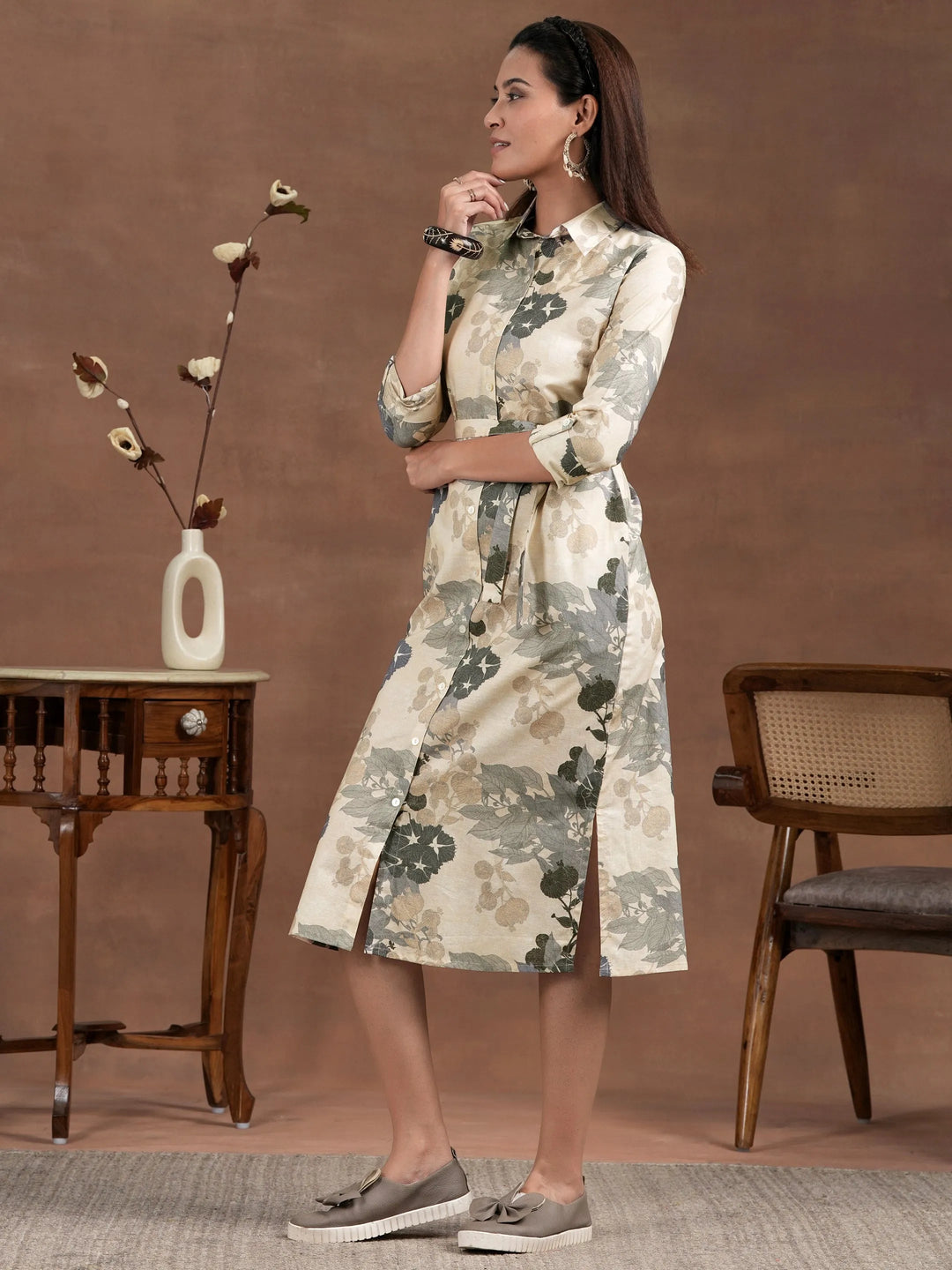 Off White Printed Cotton Blend Shirt Dress With Belt