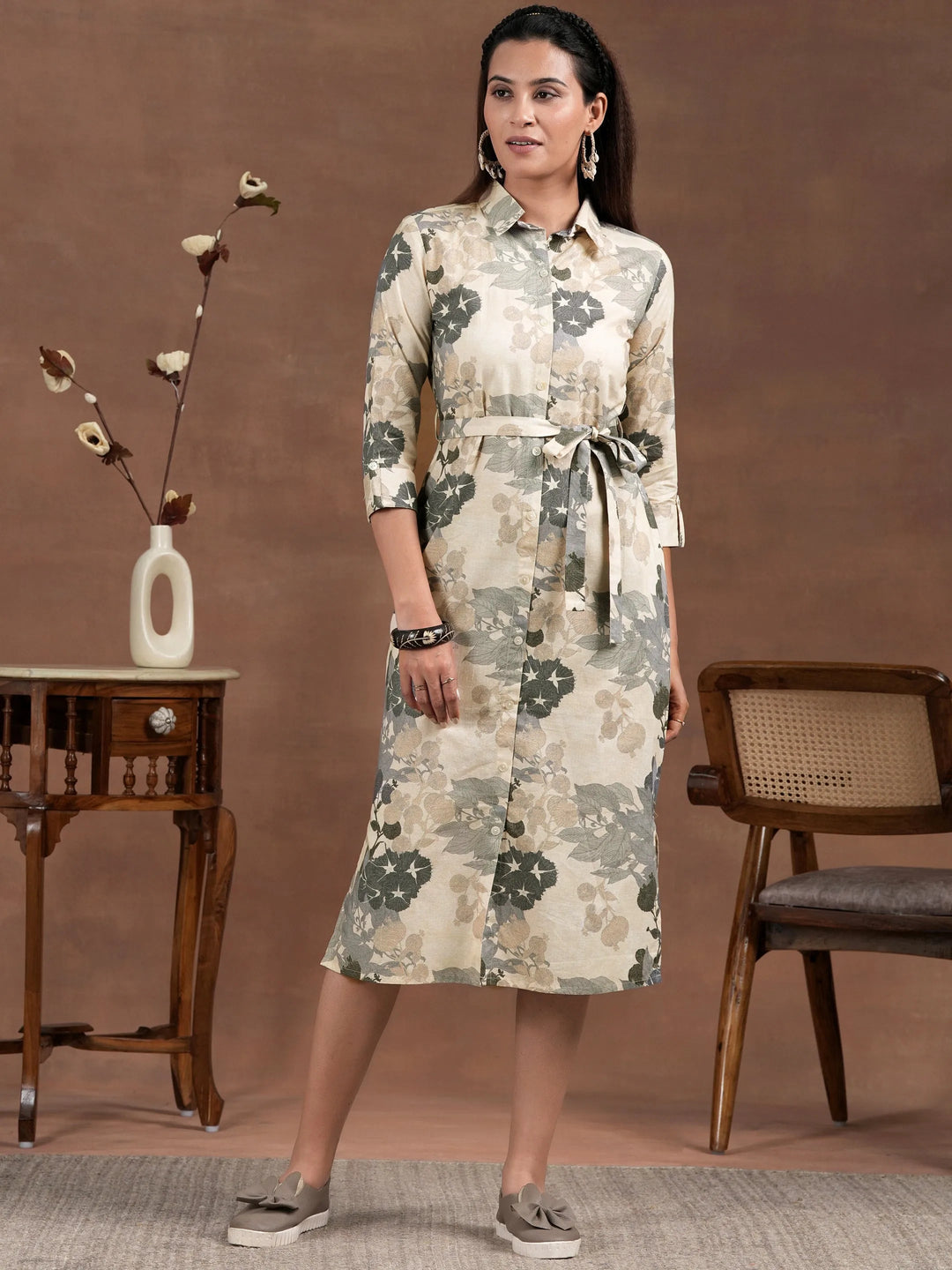 Off White Printed Cotton Blend Shirt Dress With Belt