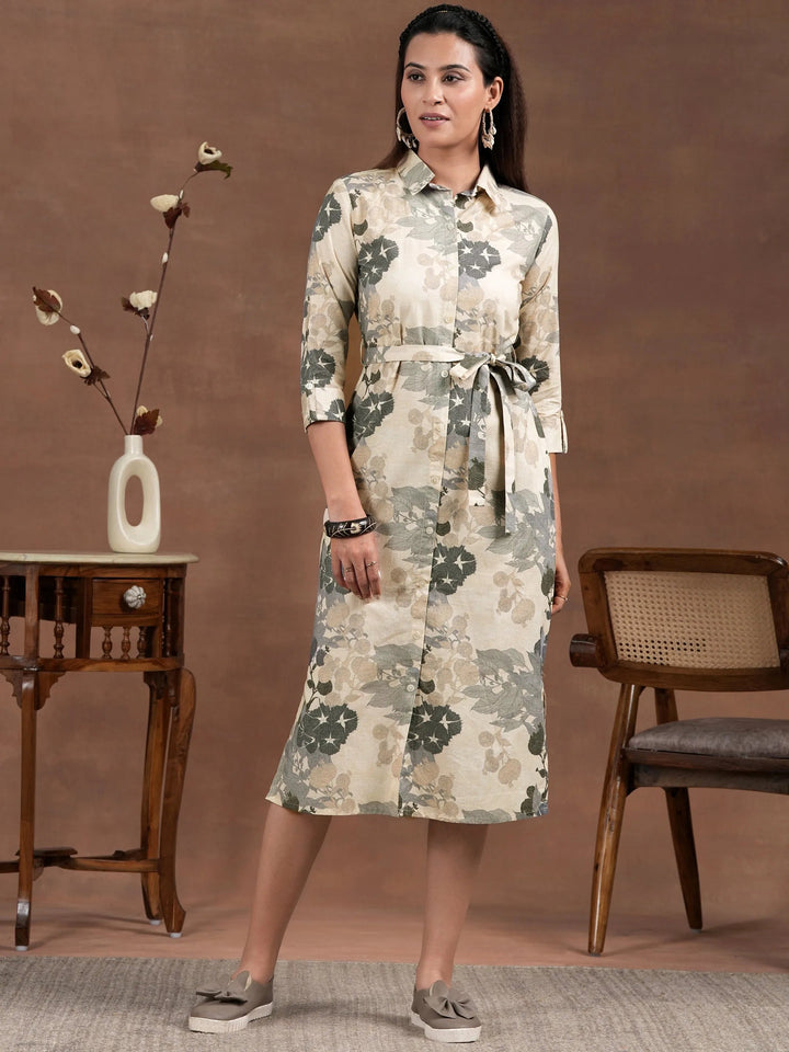 Off White Printed Cotton Blend Shirt Dress With Belt