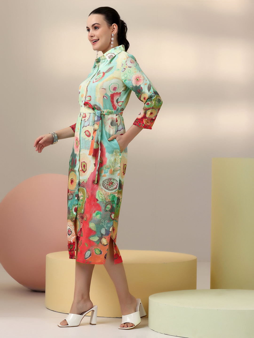 Sea Green Printed Cotton Blend Shirt Dress With Belt