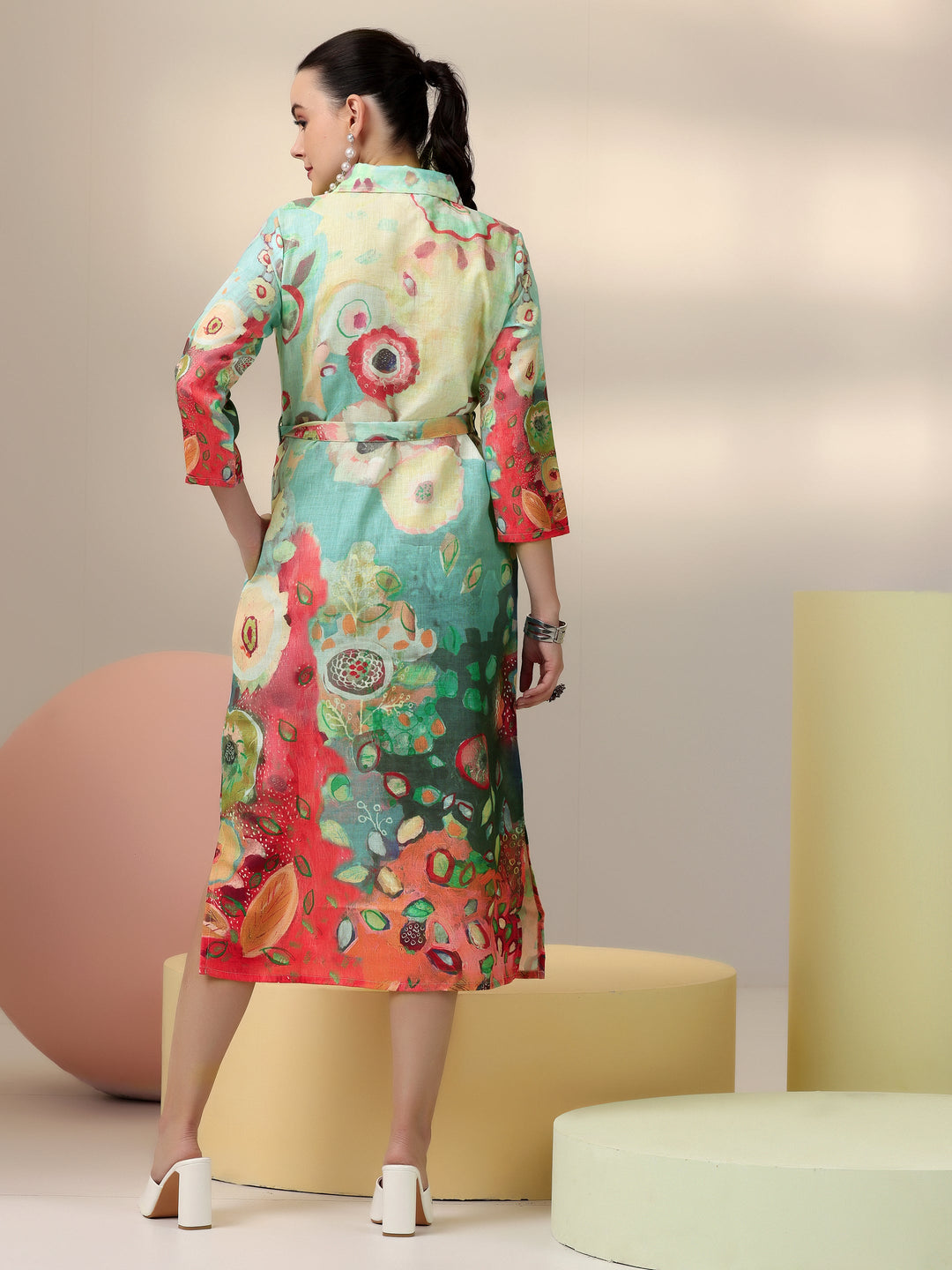 Sea Green Printed Cotton Blend Shirt Dress With Belt