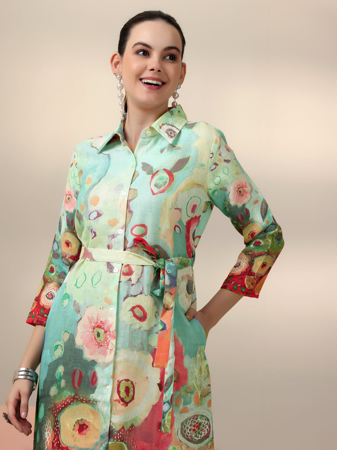 Sea Green Printed Cotton Blend Shirt Dress With Belt